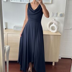 Halston Heritage Maxi Dress Womens 6 Crepe Evening Gown Navy Draped Cowl Neck